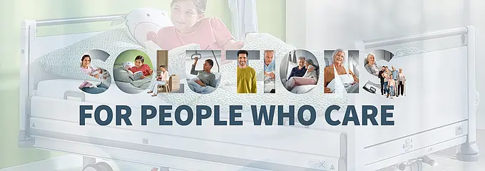 Solutions for People who Care Campaign image by Stiegelmeyer featuring a children’s hospital bed and the slogan “Solutions for people who care”