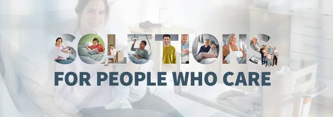 Solutions for People who Care Image motif with mother and newborn in hospital bed and the lettering "Solutions for people who care", which stands for the Stiegelmeyer Group's solutions in healthcare.